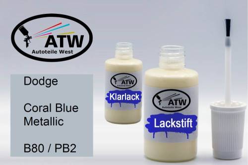 Dodge, Coral Blue Metallic, B80 / PB2: 20ml Lackstift + 20ml Klarlack - Set, von ATW Autoteile West.